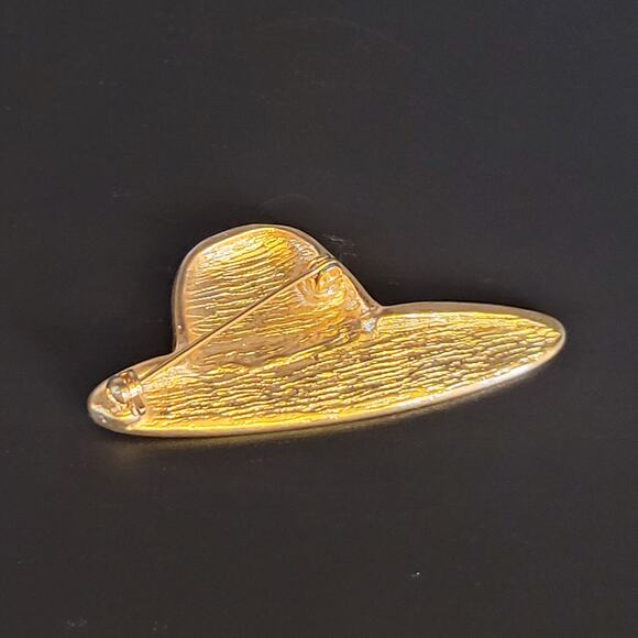 Vintage Pink Peach Enamel Hat Brooch Pin with Rhinestones, 2.17" Wide, Gift Box - Picture 4 of 8